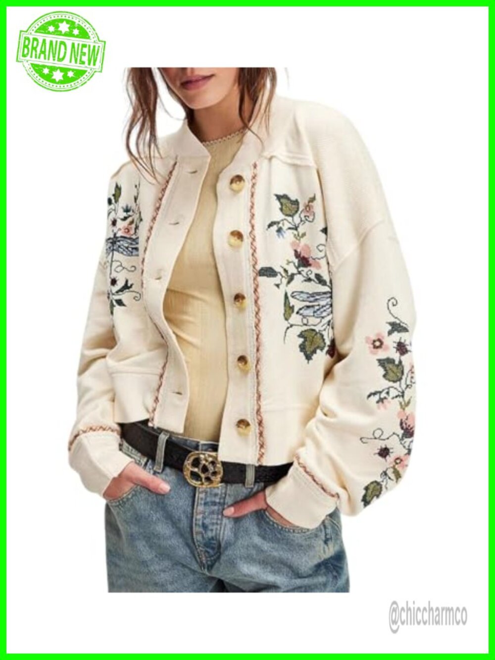 Women Embroidered Sweatshirt Cardigan Button Down Crop Knit Jacket